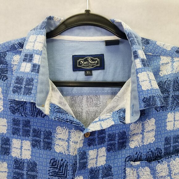 NAT NAST Button Up Shirt Men's XL Silk Blend Blue Square Hawaiian Short Sleeve - Picture 2 of 15